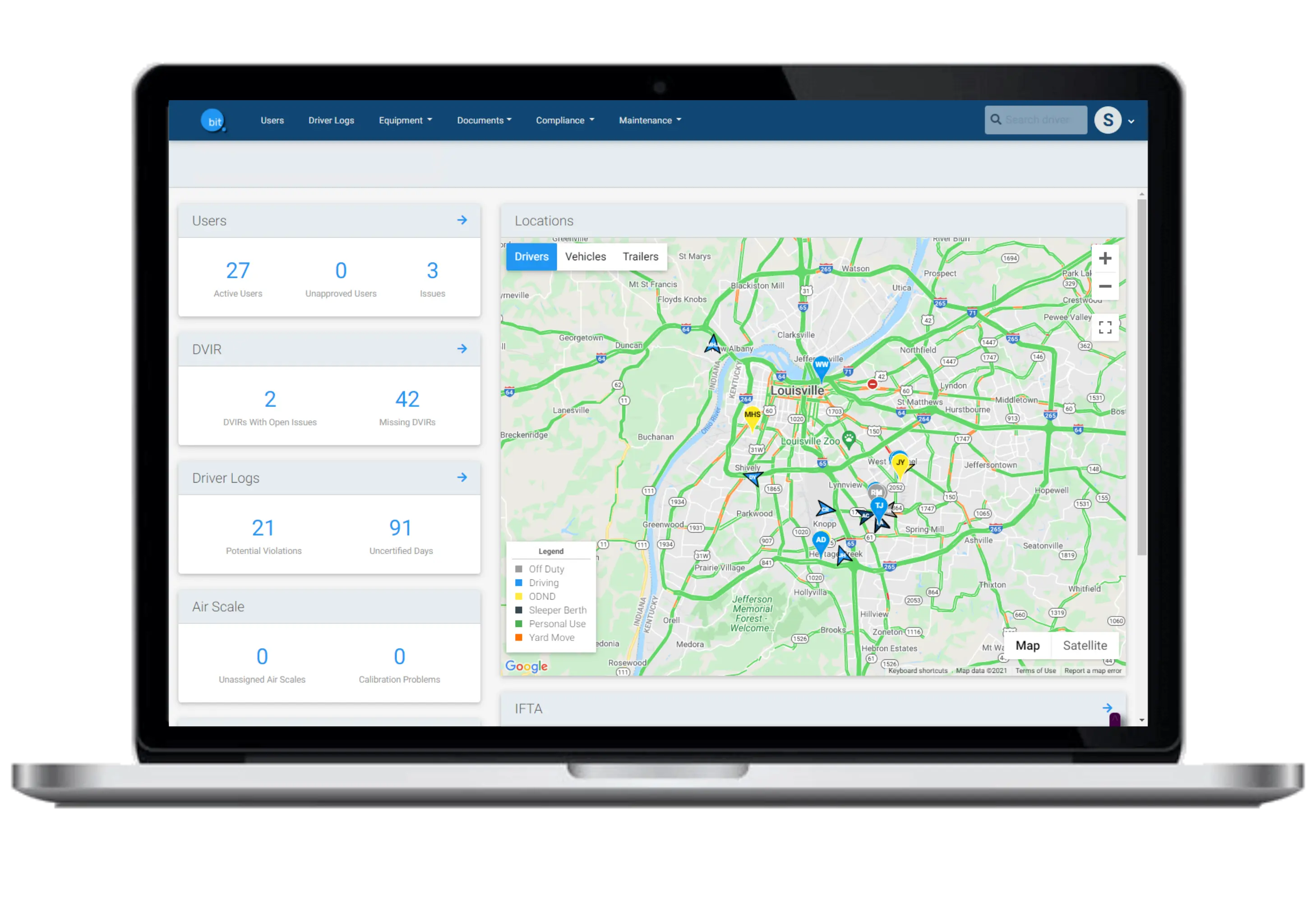 Blue Ink Tech's webportal show current locations of a fleets trucks using the BIT Dashcam'